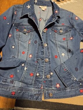 Style & Co. Blue Denim Jacket with Red, White & Navy Star Embroidery 4th Of July